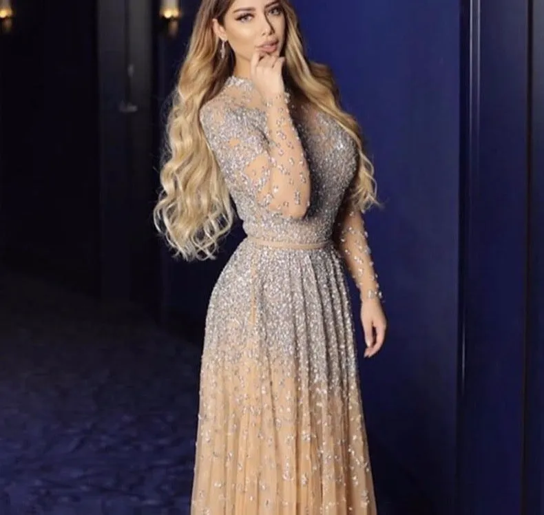 Latest Design Pink High Collar Evening Dresses Long Sleeves Sequined Sexy Formal Dress