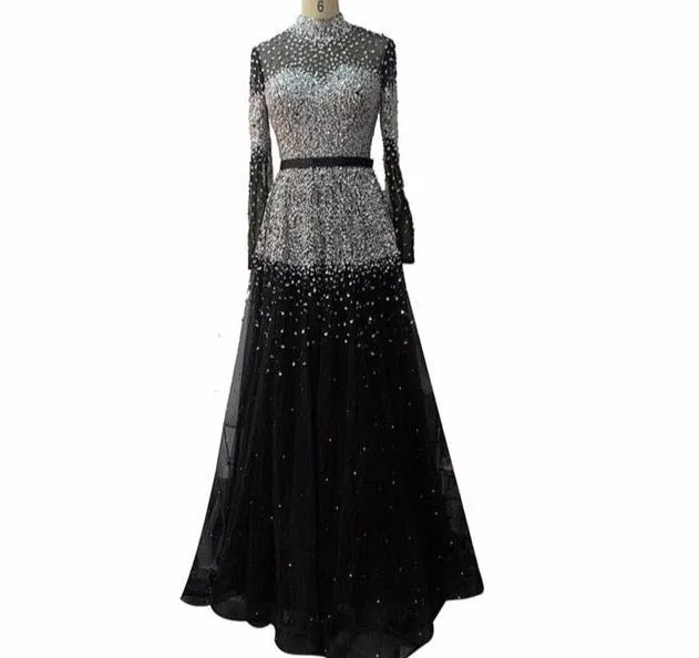 Latest Design Pink High Collar Evening Dresses Long Sleeves Sequined Sexy Formal Dress