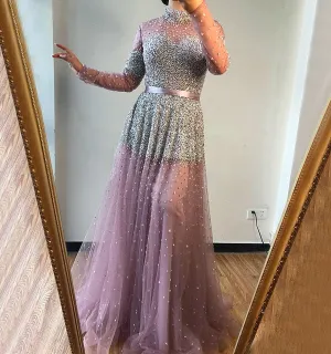 Latest Design Pink High Collar Evening Dresses Long Sleeves Sequined Sexy Formal Dress