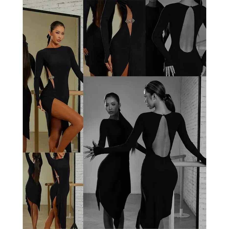 Latin  Dance Dress latin dress black Tango Dress Rumba ChaCha fringe latin dresses woman back cut out