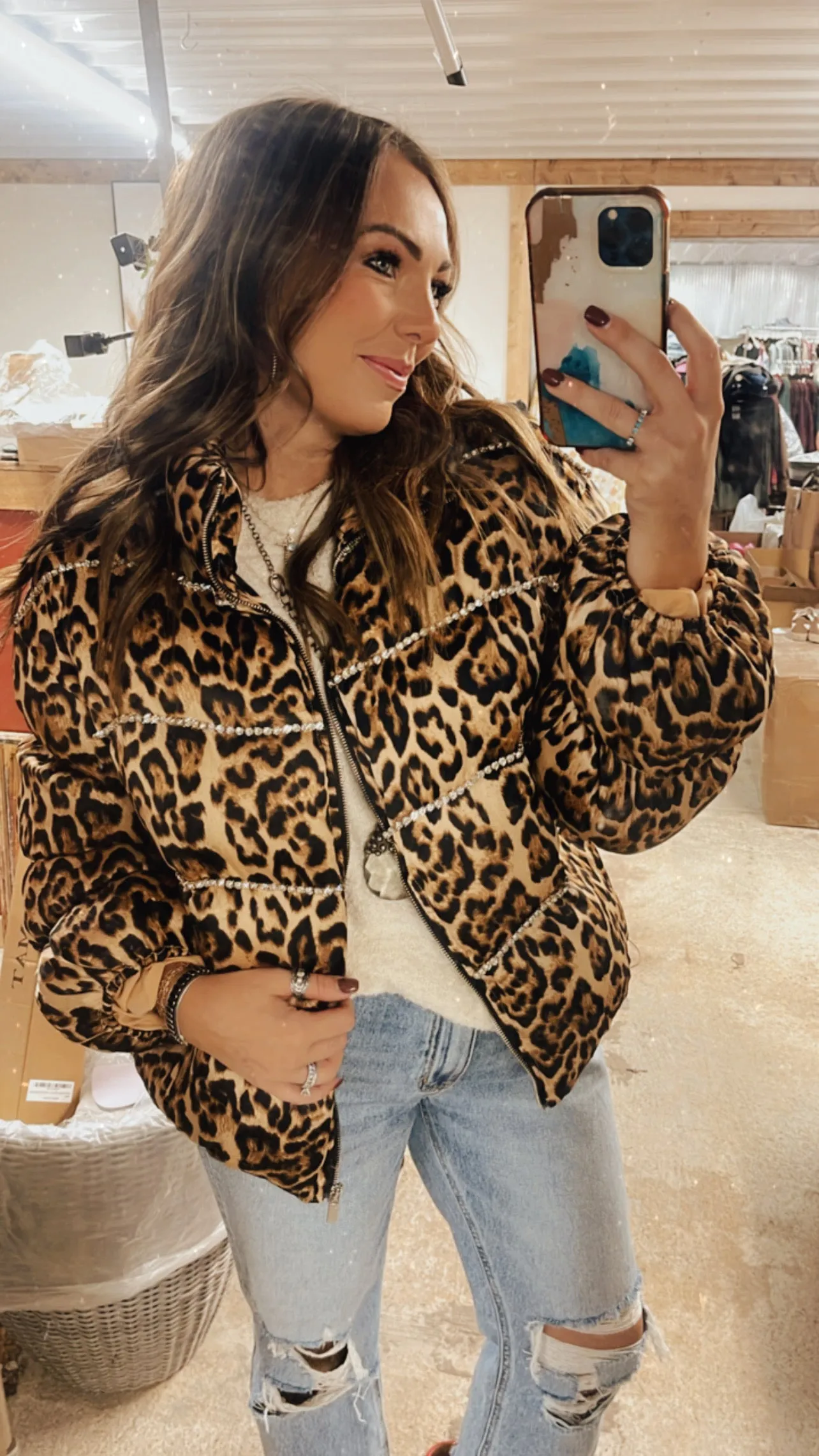 Leopard Print Bubble Jacket with Rhinestone Detail