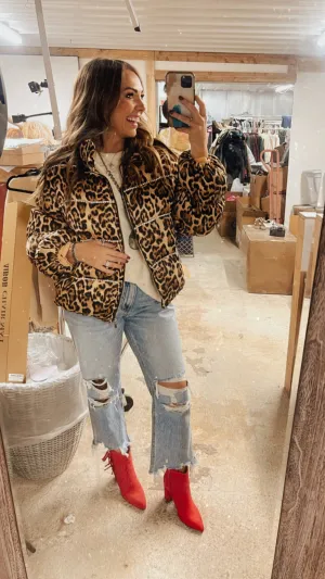 Leopard Print Bubble Jacket with Rhinestone Detail