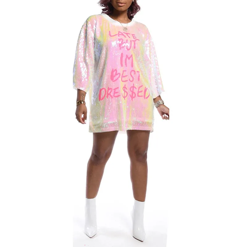 Letter Print Sequins Long Sleeve Long Top