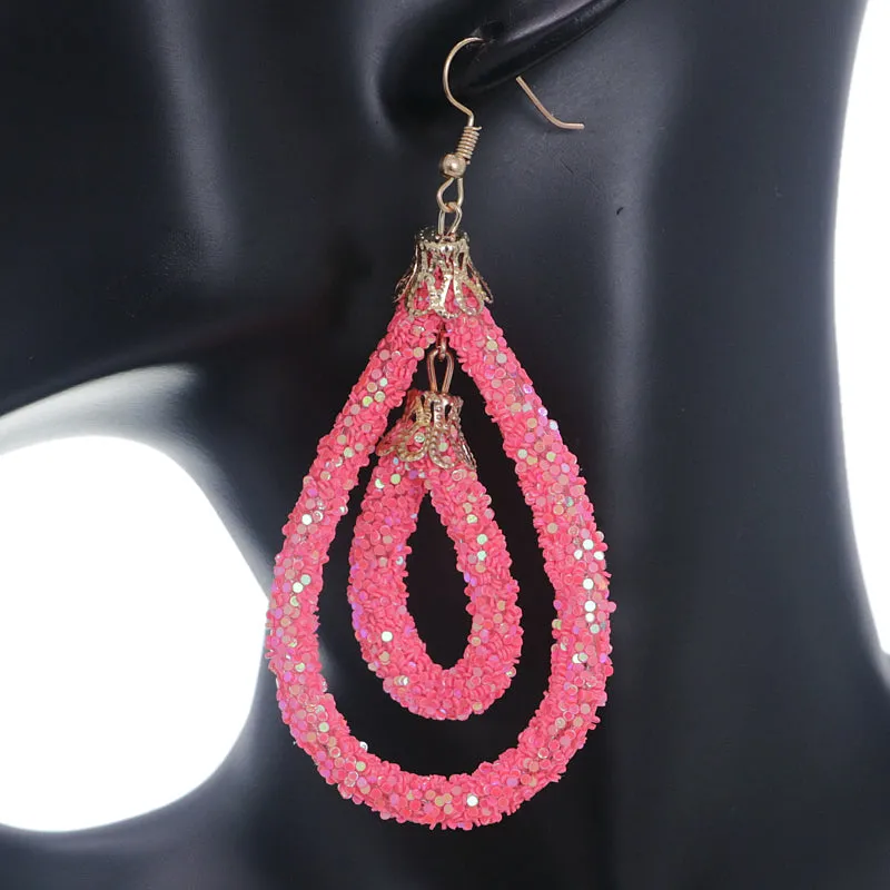 Light Pink Sequin Confetti Double Teardrop Hoop Earrings