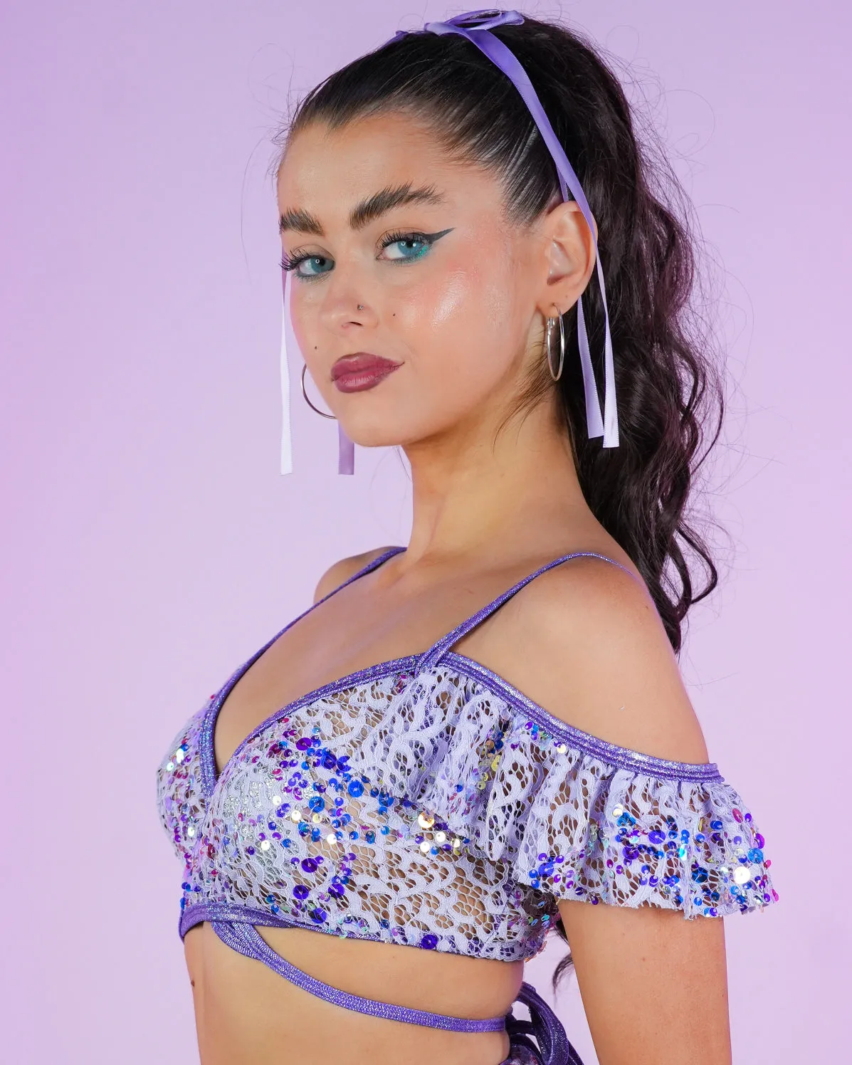 Lilac Sequin Net Ruffle Top