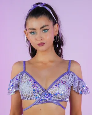Lilac Sequin Net Ruffle Top