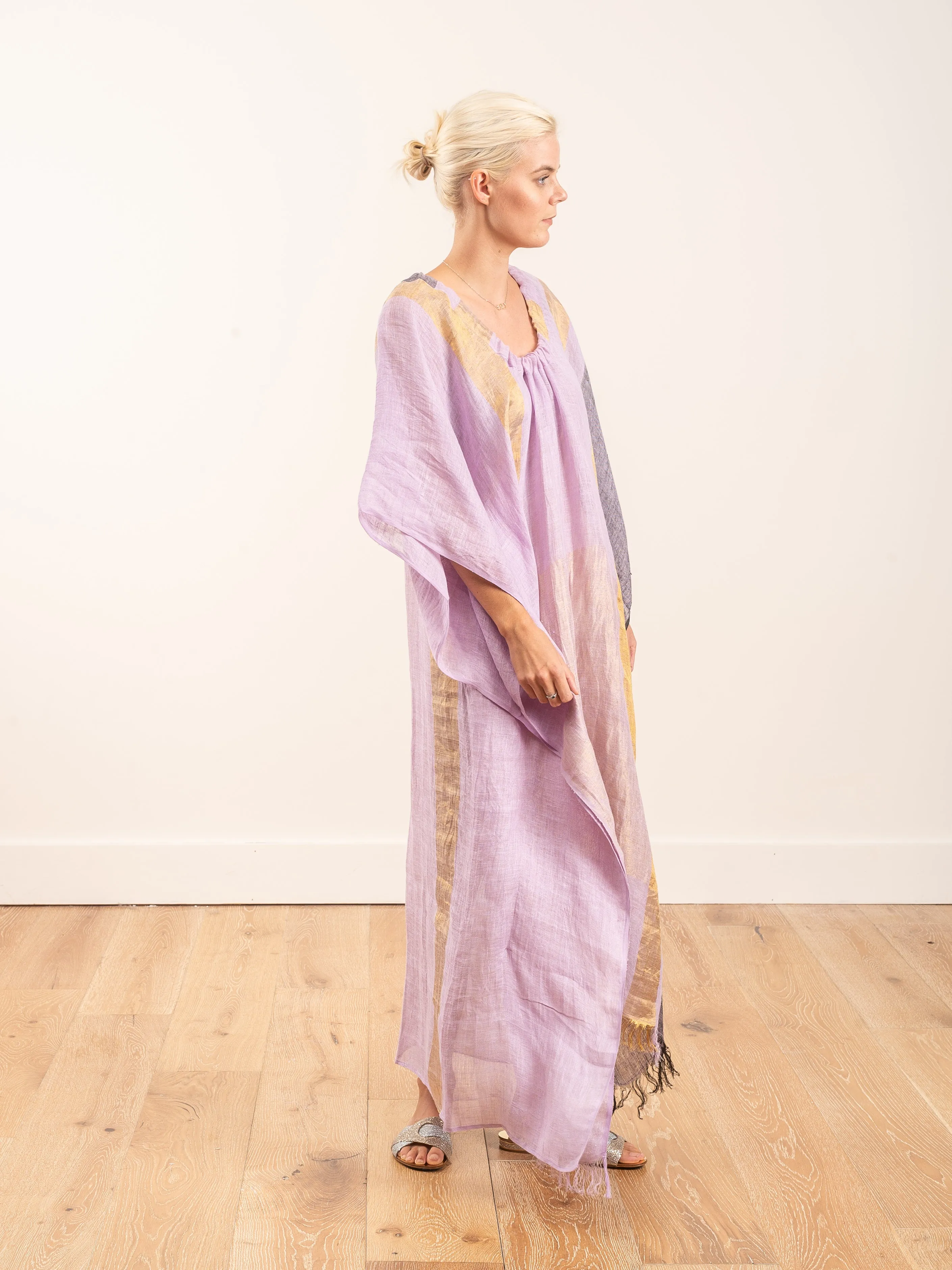 linen metallic caftan - lavender/gold/grey