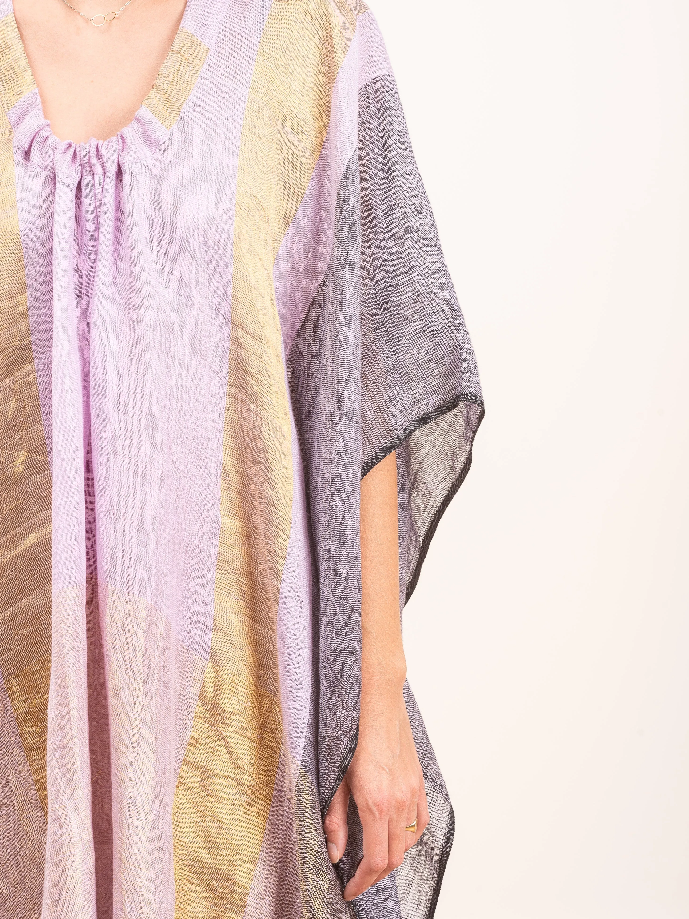 linen metallic caftan - lavender/gold/grey