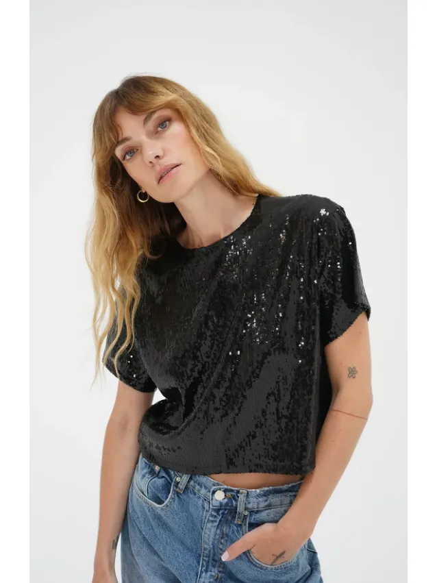 LNA Zosia Sequin Tee in Black