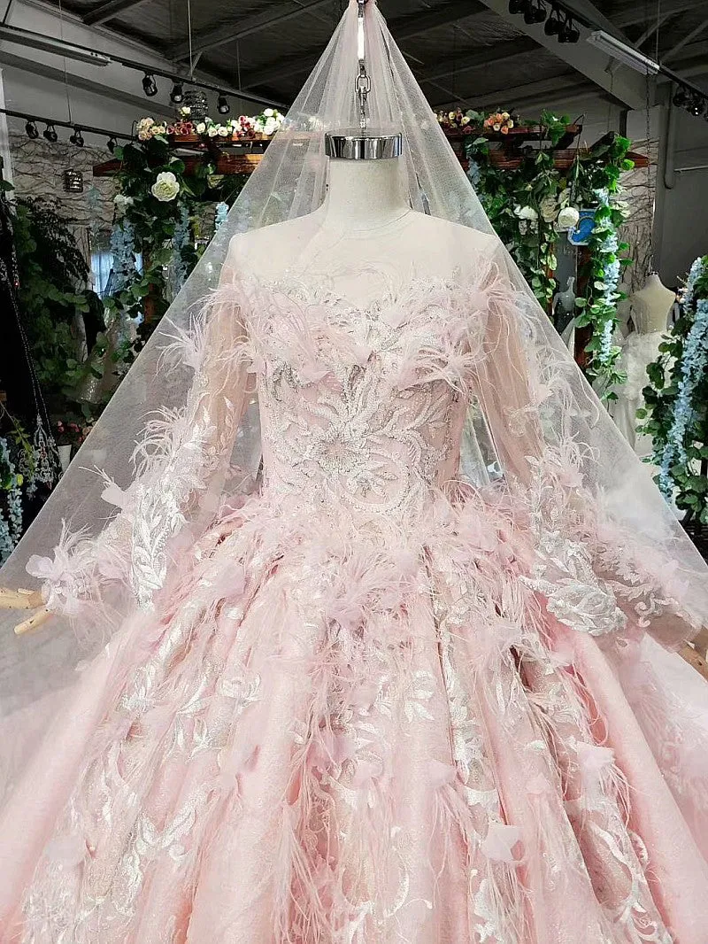 Long sleeve feathers illusion veil  wedding dress