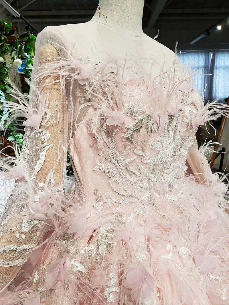 Long sleeve feathers illusion veil  wedding dress