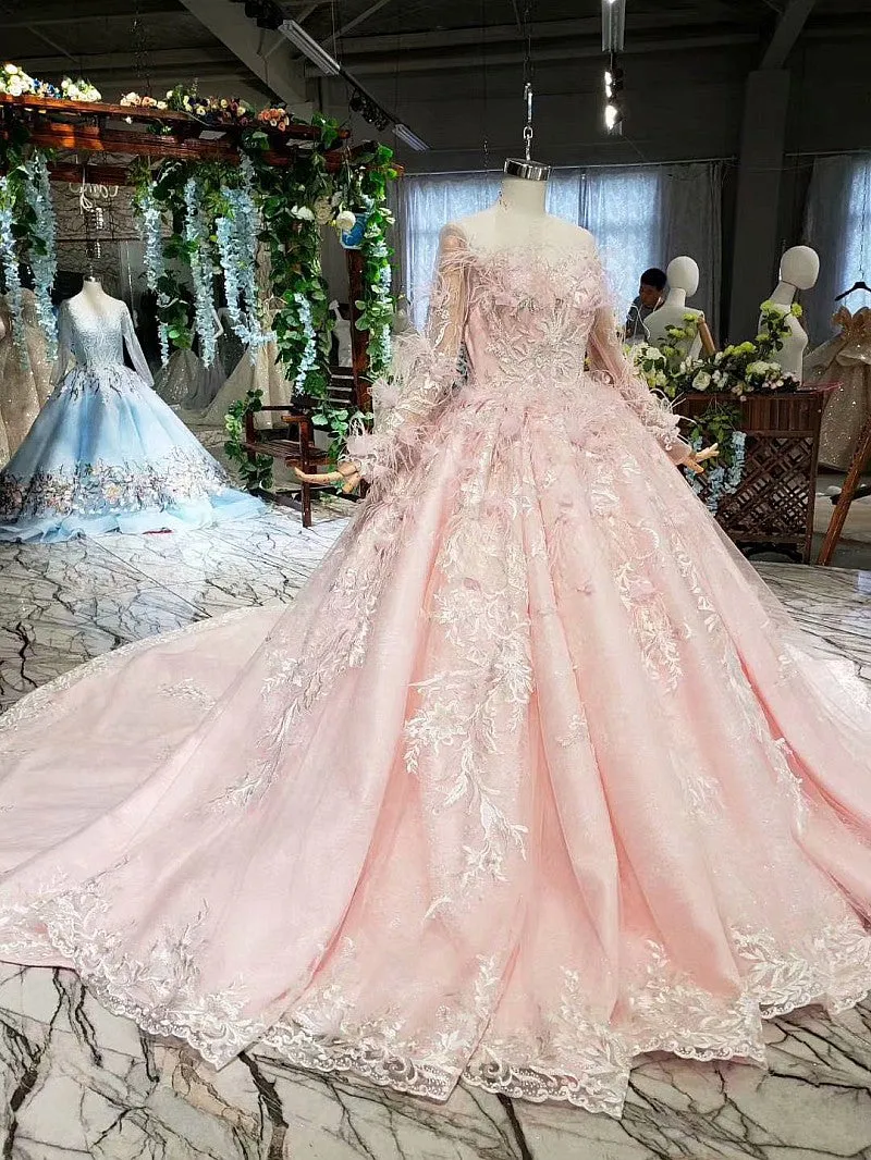 Long sleeve feathers illusion veil  wedding dress