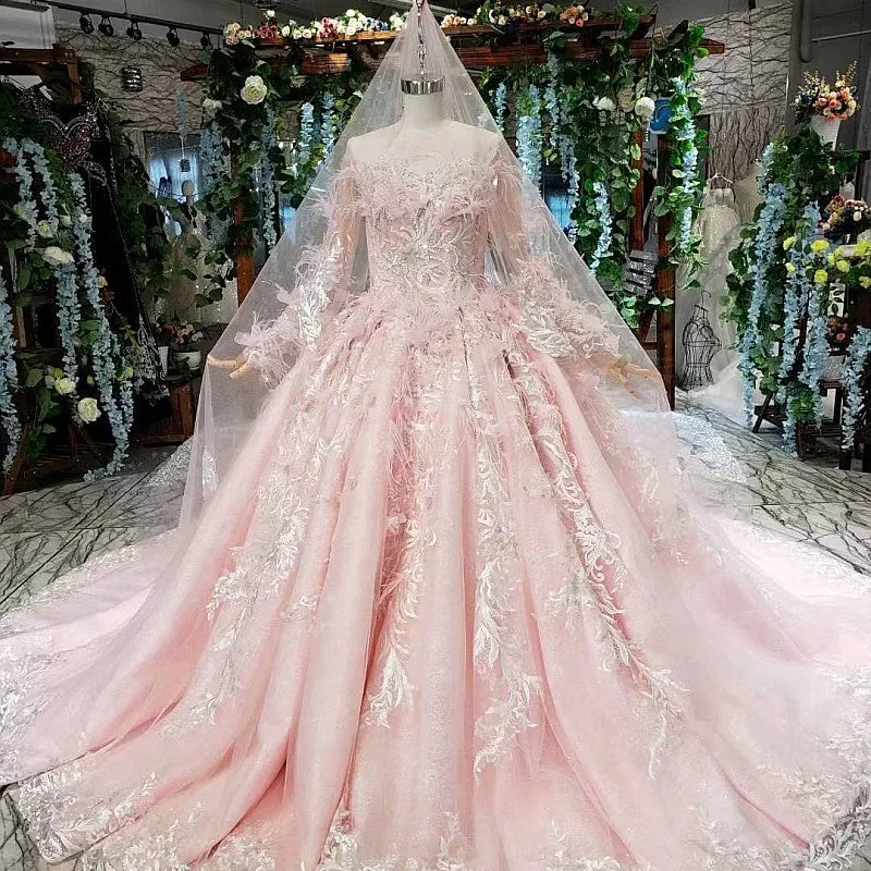 Long sleeve feathers illusion veil  wedding dress