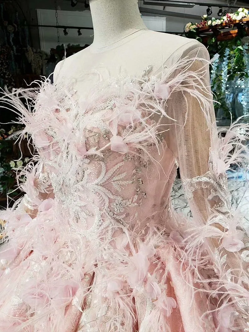 Long sleeve feathers illusion veil  wedding dress