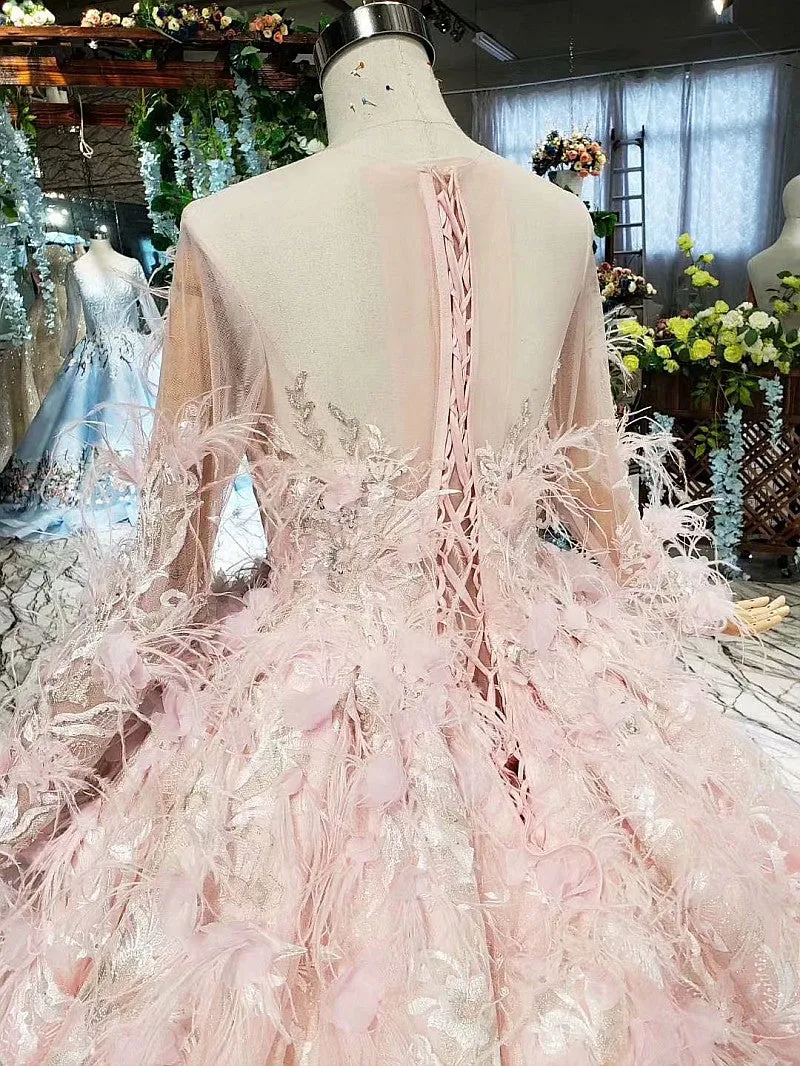 Long sleeve feathers illusion veil  wedding dress