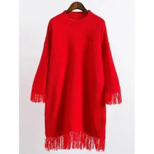 Long Sleeve Mini Slouchy Jumper Dress with Fringe - Red One Size