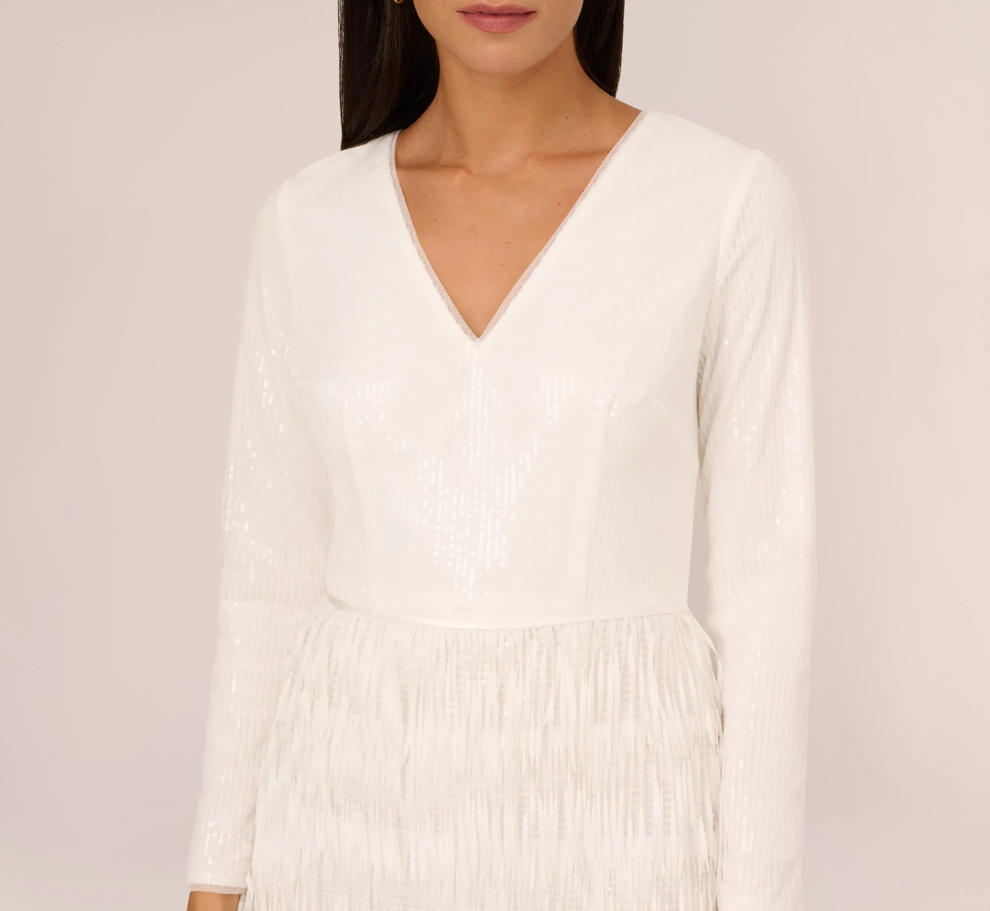 Long Sleeve Sequin Fringe Cocktail Dress In Ivory