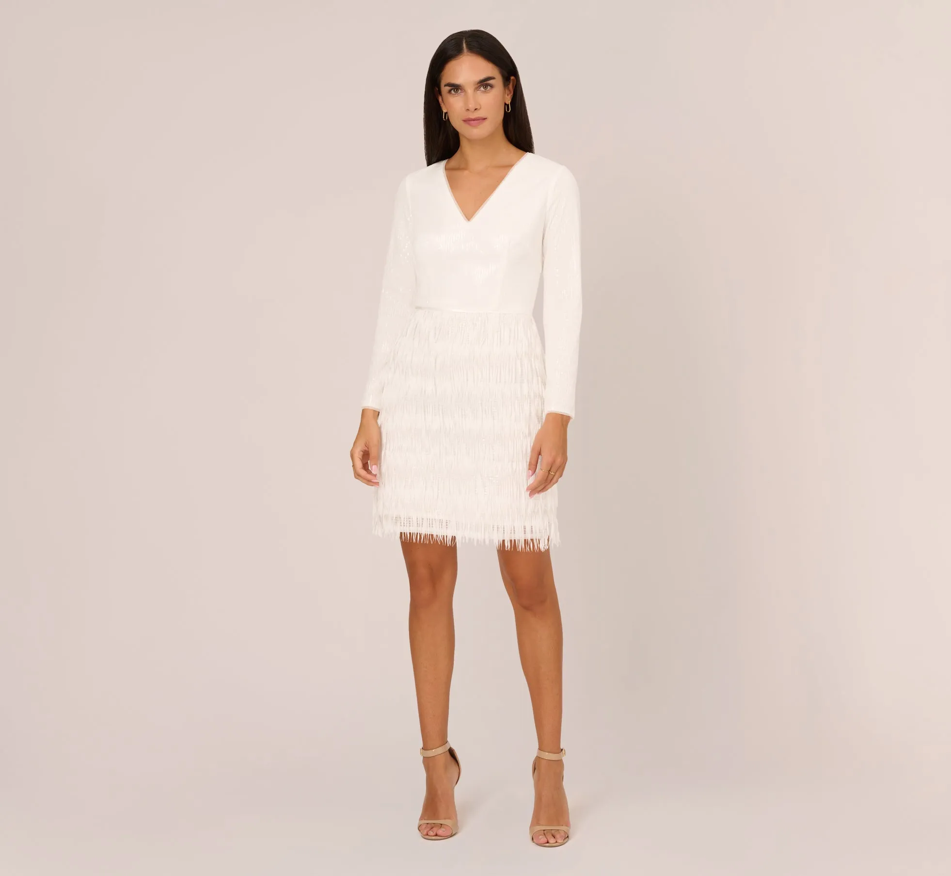 Long Sleeve Sequin Fringe Cocktail Dress In Ivory