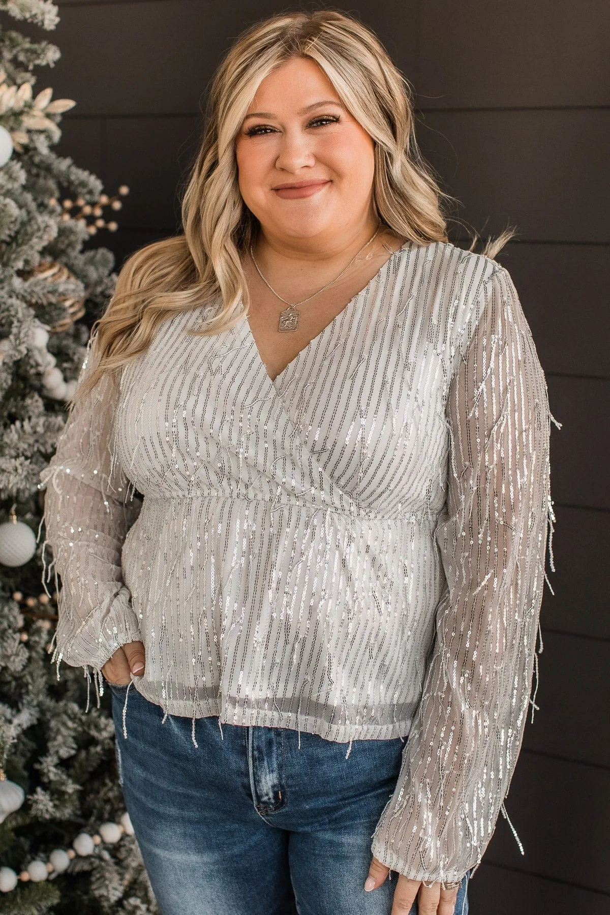 Lovely Evenings Fringed Sequin Blouse- Ivory & Silver