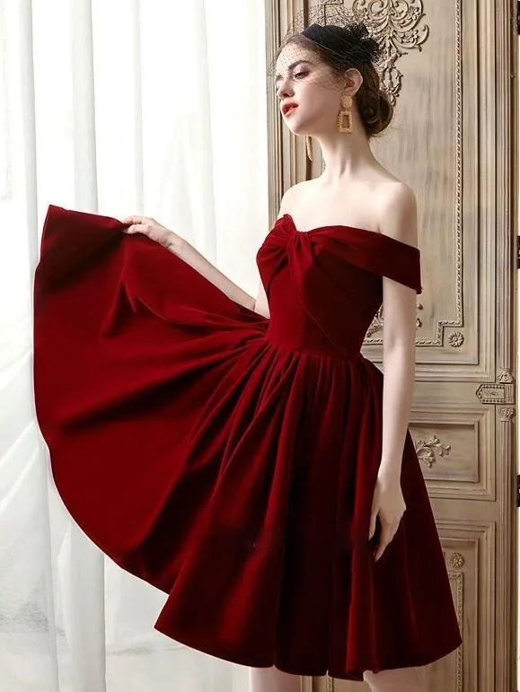 Lovely Sweetheart Wine Red Velvet Short Party Dress, Dark Red Velvet Prom Dress Homecoming Dress