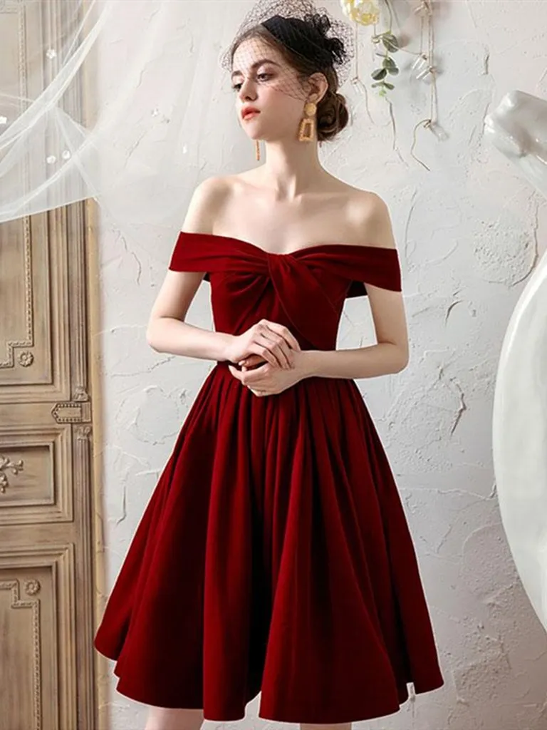 Lovely Sweetheart Wine Red Velvet Short Party Dress, Dark Red Velvet Prom Dress Homecoming Dress