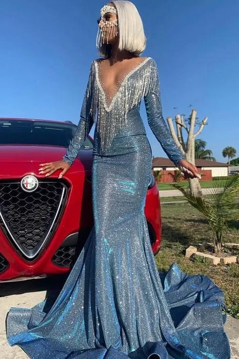 Luxurious Sequins Long Sleevess Mermaid Sheer Neckline Prom Dresses