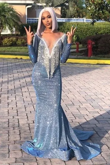 Luxurious Sequins Long Sleevess Mermaid Sheer Neckline Prom Dresses