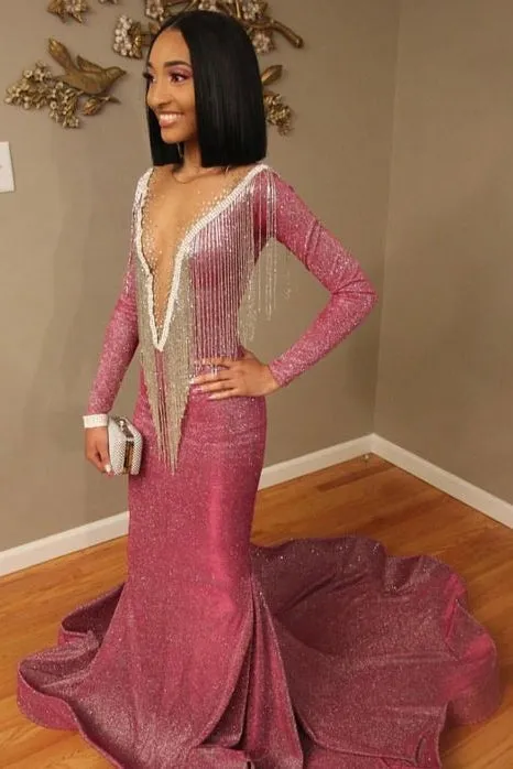 Luxurious Sequins Long Sleevess Mermaid Sheer Neckline Prom Dresses