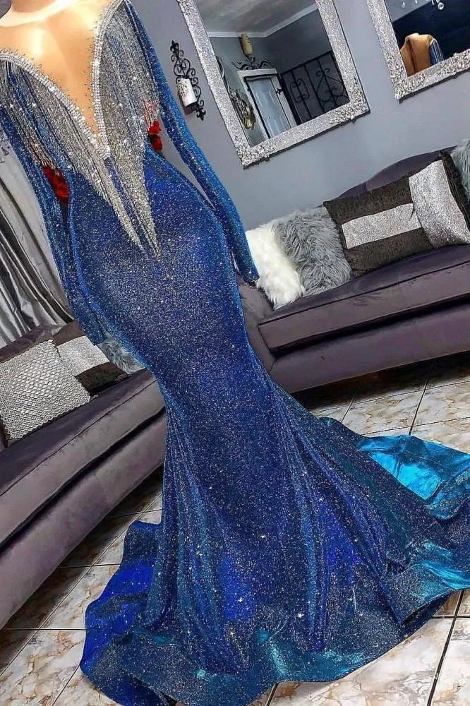 Luxurious Sequins Long Sleevess Mermaid Sheer Neckline Prom Dresses
