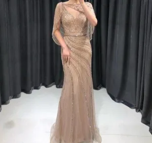 Luxury Gold Elegant Sexy Evening Dresses Gowns  Diamond Beading Mermaid For Women Party Wear