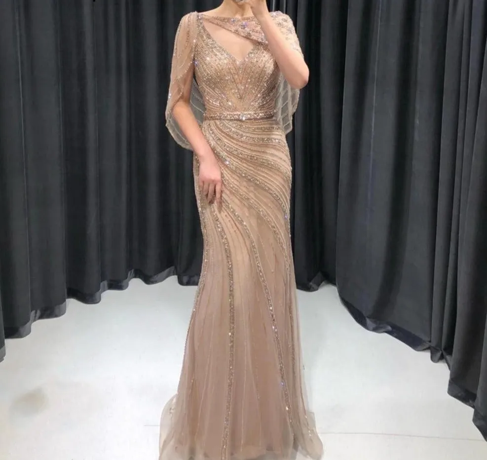 Luxury Gold Elegant Sexy Evening Dresses Gowns  Diamond Beading Mermaid For Women Party Wear