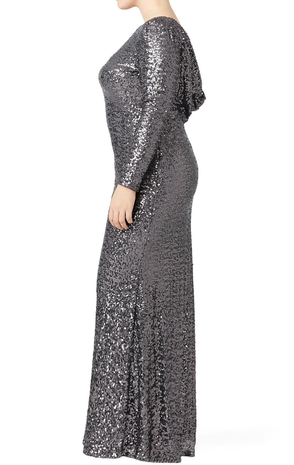 MACloth Long Sleeves Sequin Long Plus Size Evening Gown Gray Bridesmaid Dress