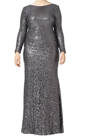 MACloth Long Sleeves Sequin Long Plus Size Evening Gown Gray Bridesmaid Dress