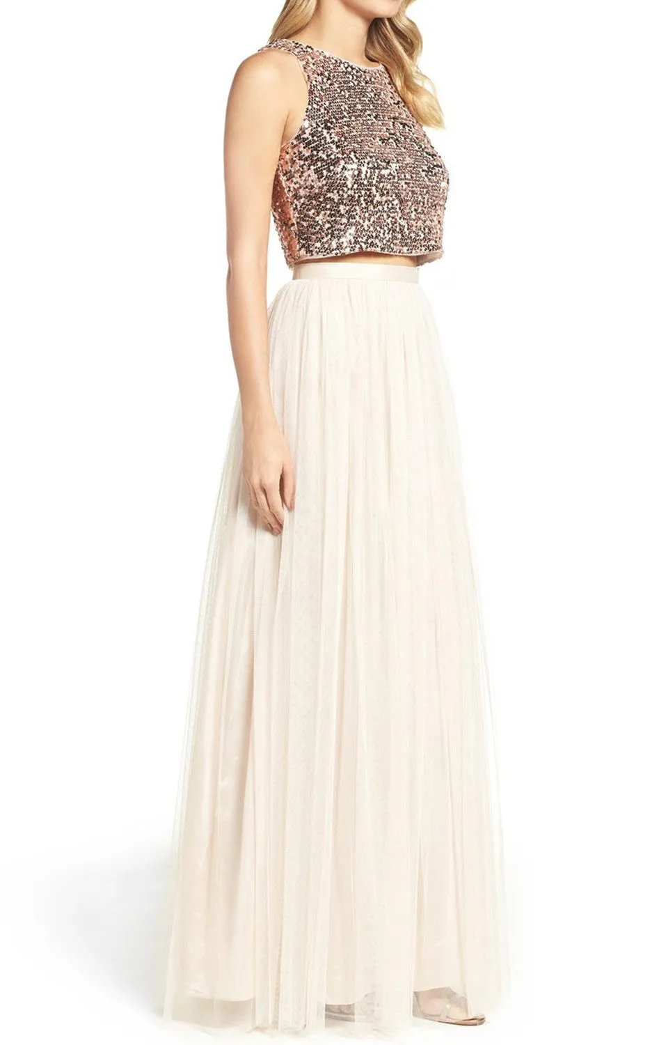 MACloth Two Piece Sequin Bridesmaid Dress Rose Gold Prom Formal Gown