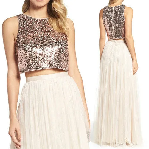 MACloth Two Piece Sequin Bridesmaid Dress Rose Gold Prom Formal Gown