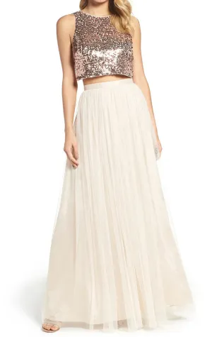 MACloth Two Piece Sequin Bridesmaid Dress Rose Gold Prom Formal Gown
