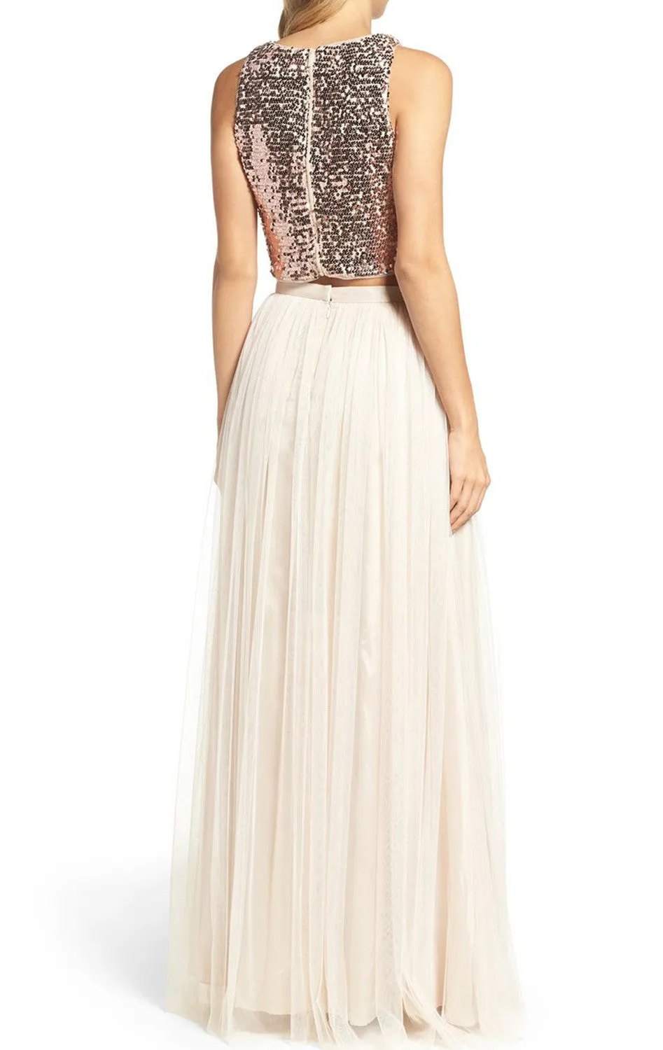 MACloth Two Piece Sequin Bridesmaid Dress Rose Gold Prom Formal Gown
