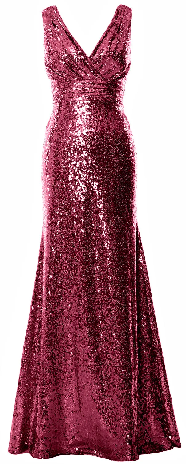 MACloth Women Mermaid V Neck Maxi Sequin Wedding Party Dresses Bridesmaid Prom
