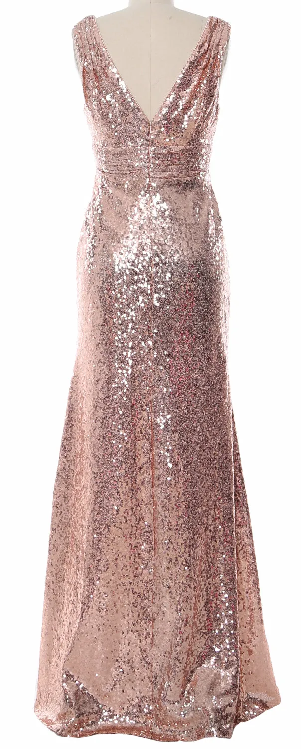 MACloth Women Mermaid V Neck Maxi Sequin Wedding Party Dresses Bridesmaid Prom