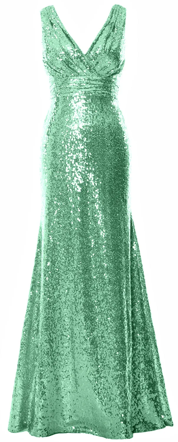 MACloth Women Mermaid V Neck Maxi Sequin Wedding Party Dresses Bridesmaid Prom