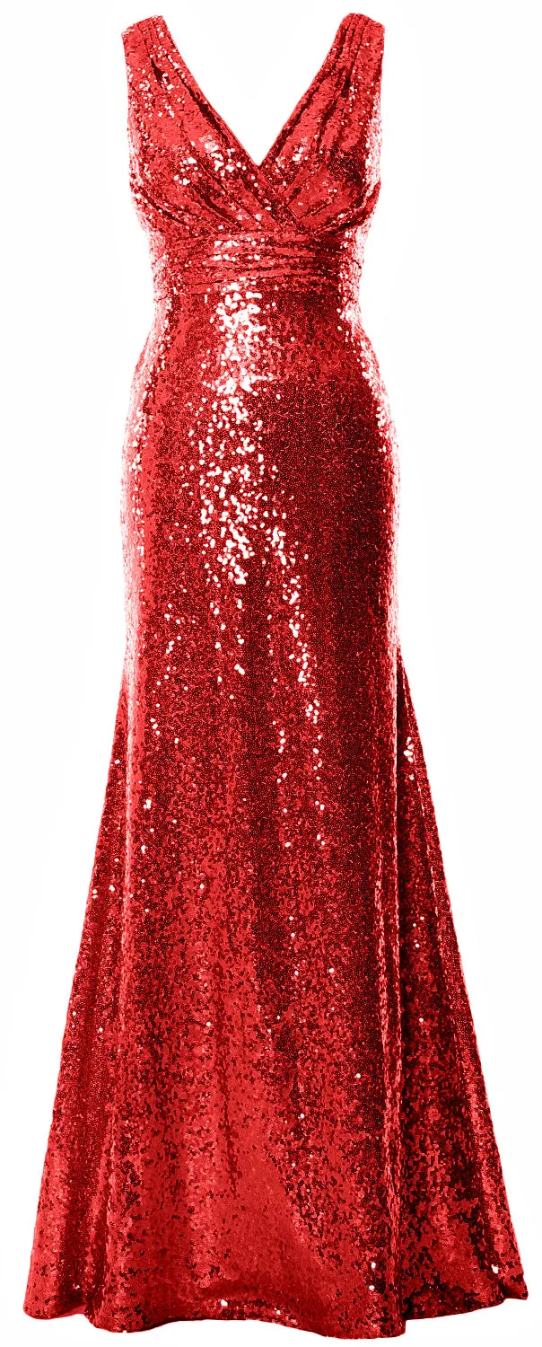 MACloth Women Mermaid V Neck Maxi Sequin Wedding Party Dresses Bridesmaid Prom