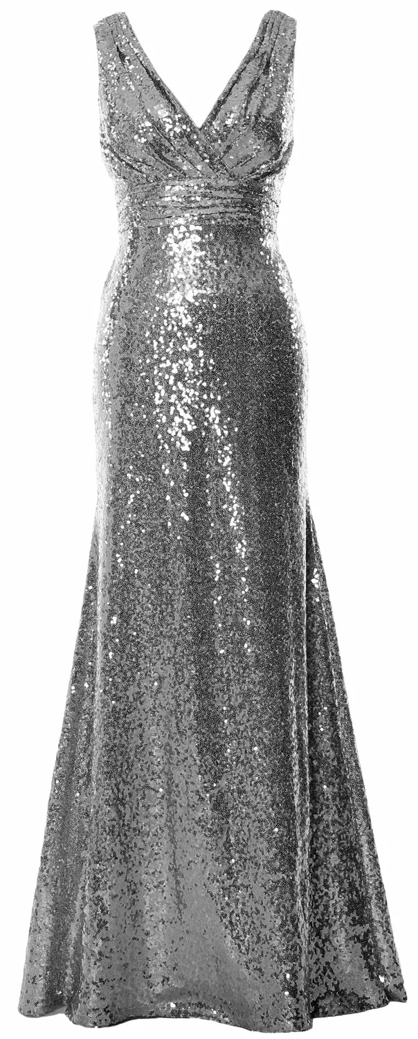 MACloth Women Mermaid V Neck Maxi Sequin Wedding Party Dresses Bridesmaid Prom
