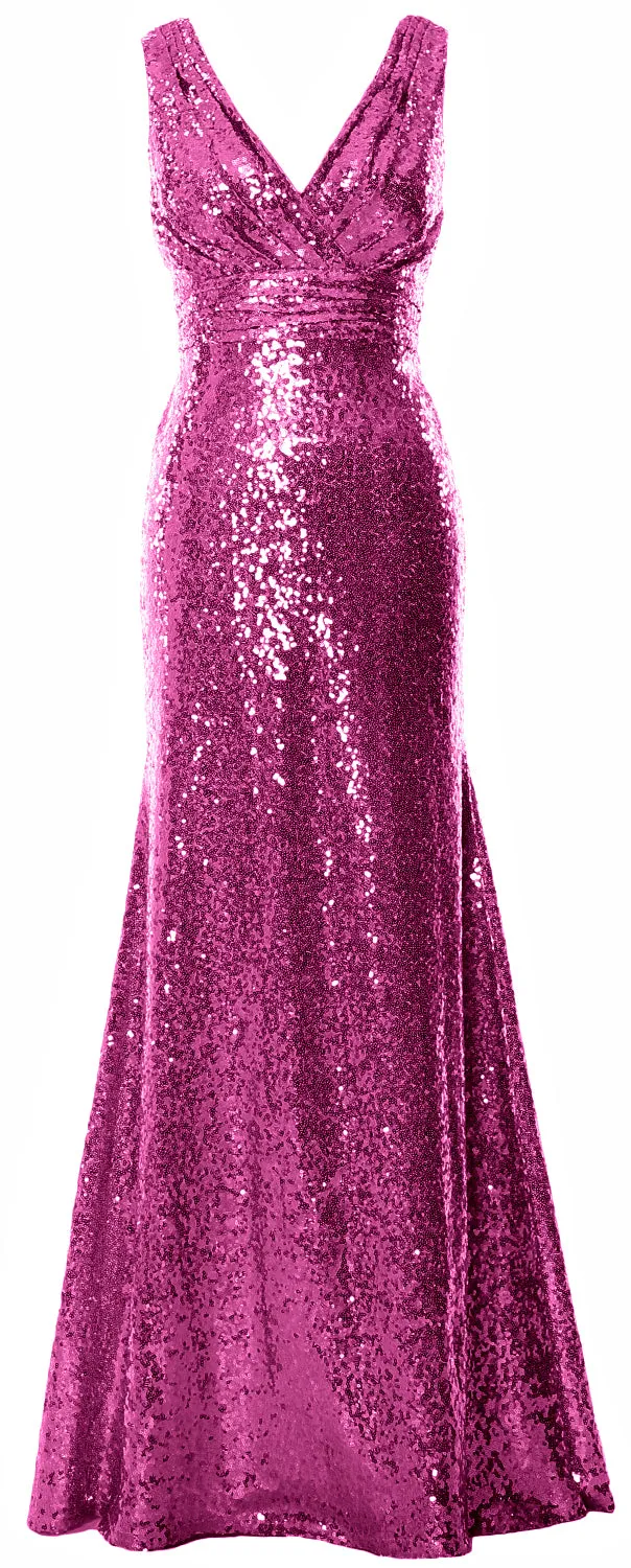 MACloth Women Mermaid V Neck Maxi Sequin Wedding Party Dresses Bridesmaid Prom