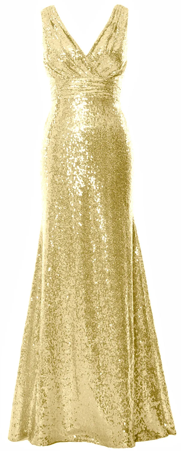 MACloth Women Mermaid V Neck Maxi Sequin Wedding Party Dresses Bridesmaid Prom