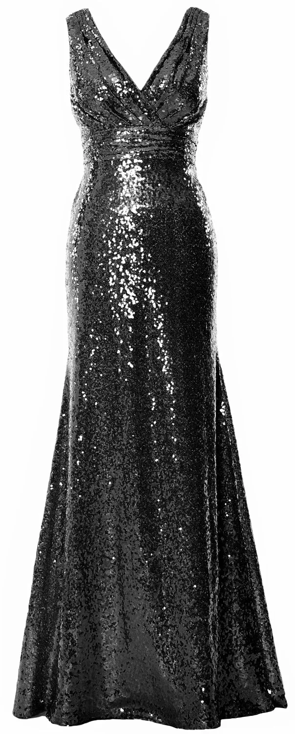 MACloth Women Mermaid V Neck Maxi Sequin Wedding Party Dresses Bridesmaid Prom