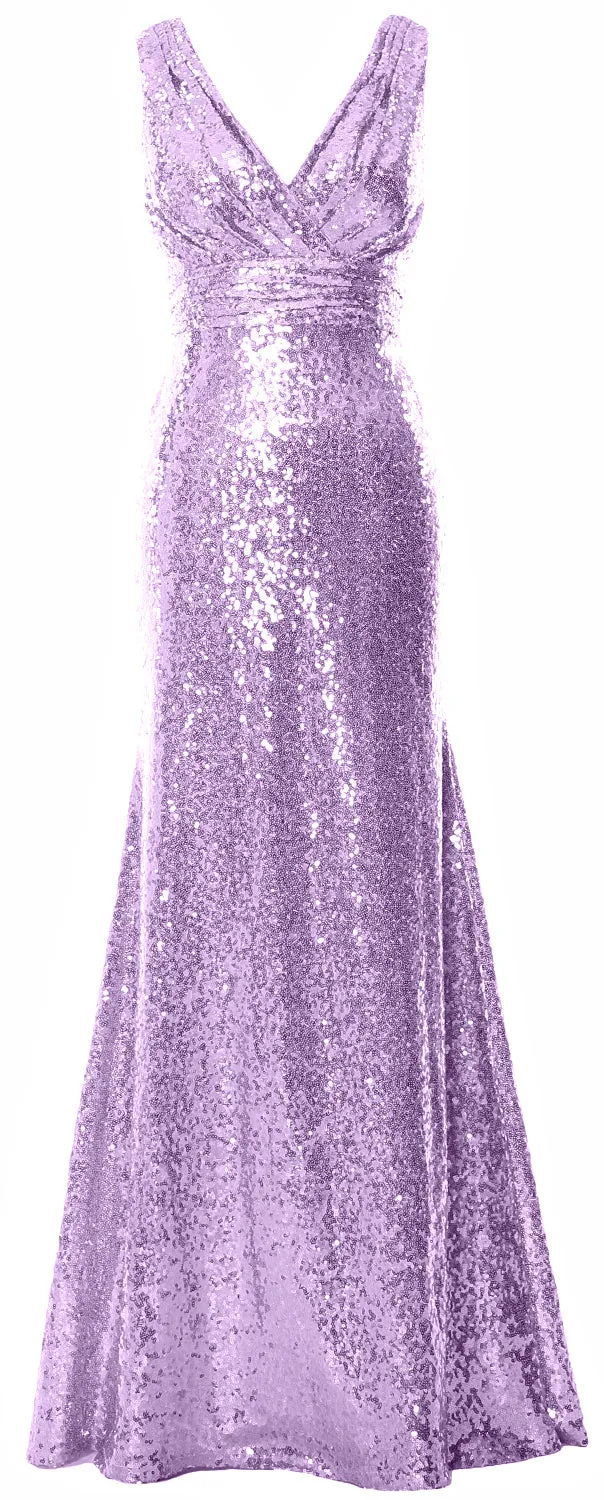 MACloth Women Mermaid V Neck Maxi Sequin Wedding Party Dresses Bridesmaid Prom