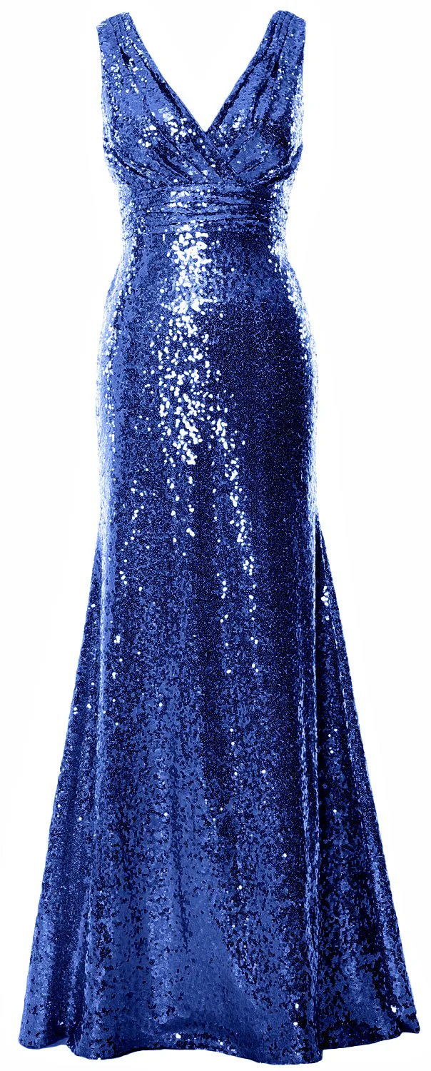 MACloth Women Mermaid V Neck Maxi Sequin Wedding Party Dresses Bridesmaid Prom