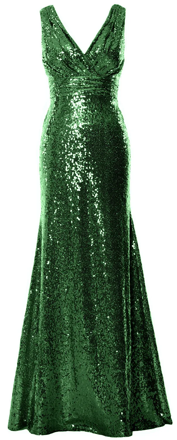 MACloth Women Mermaid V Neck Maxi Sequin Wedding Party Dresses Bridesmaid Prom