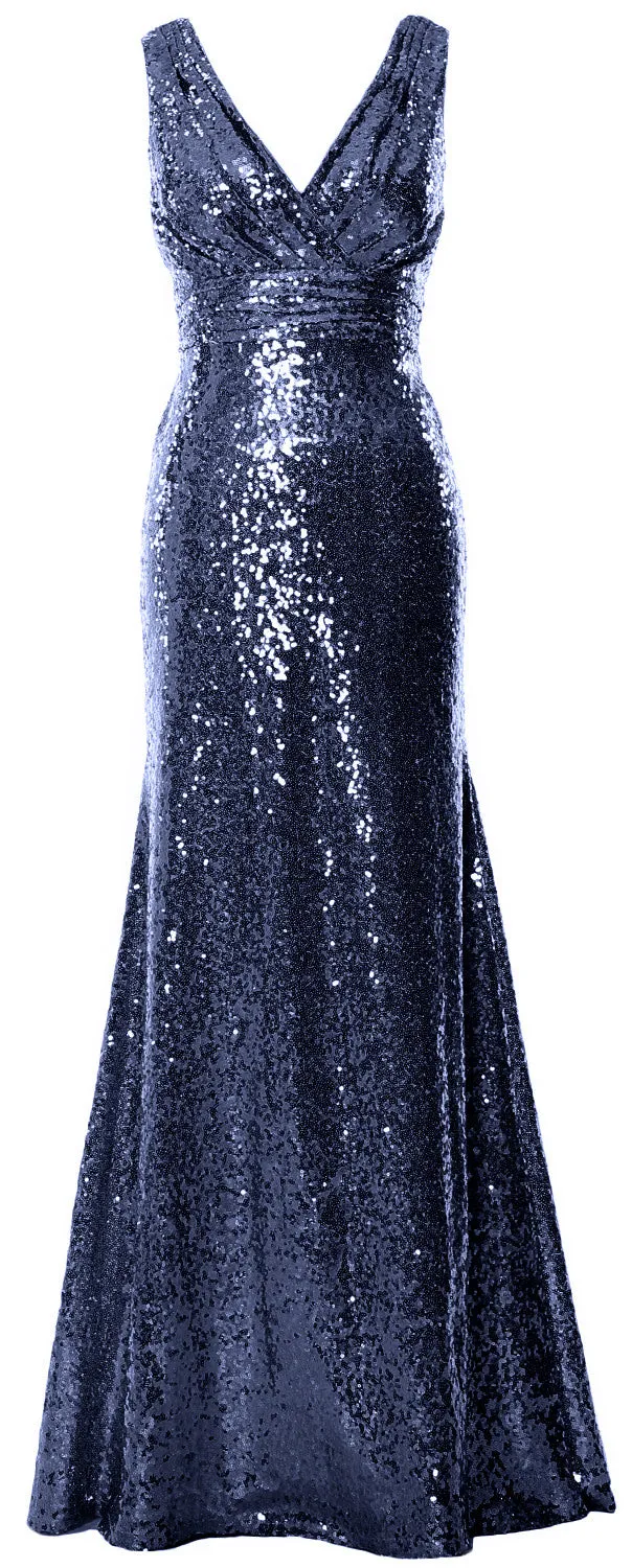 MACloth Women Mermaid V Neck Maxi Sequin Wedding Party Dresses Bridesmaid Prom