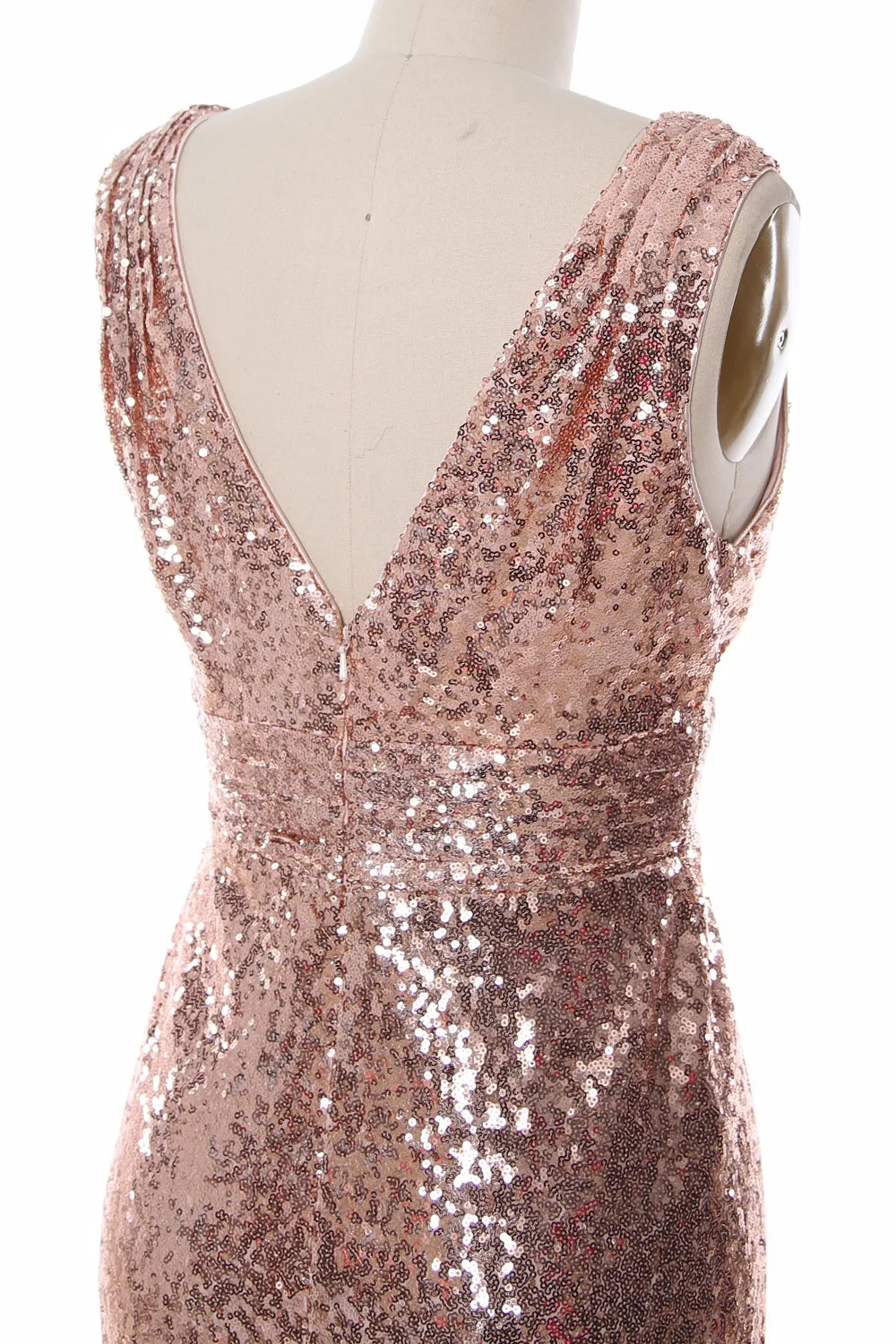MACloth Women Mermaid V Neck Maxi Sequin Wedding Party Dresses Bridesmaid Prom